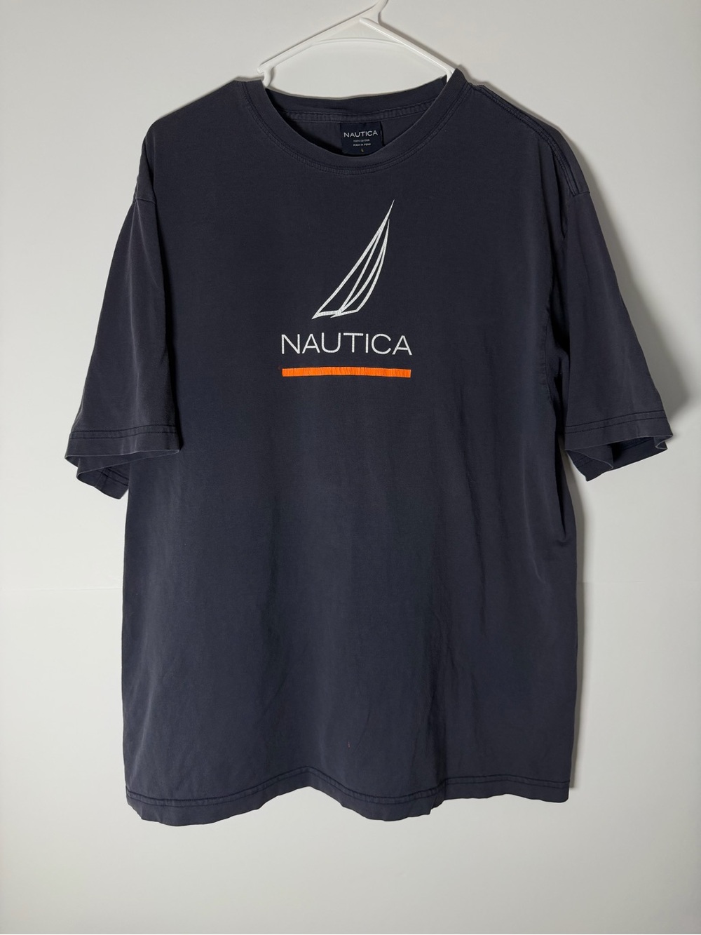 Y2K Nautica Navy Short Sleeve Logo Tee with Orange Accent